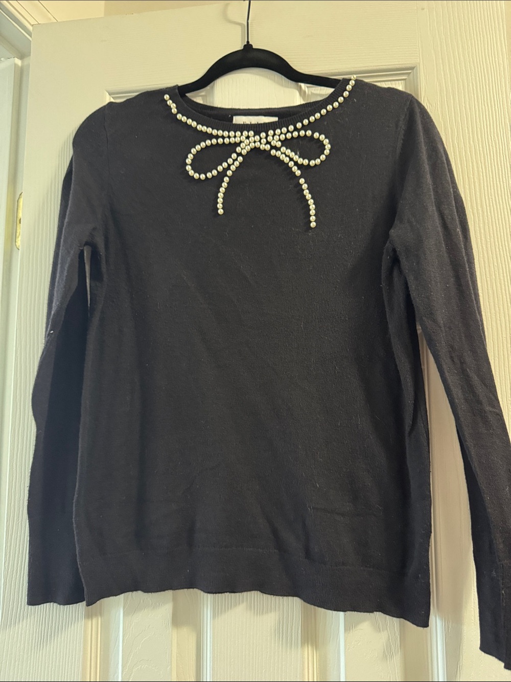 Elle Black Crewneck Sweater with Pearl Bow